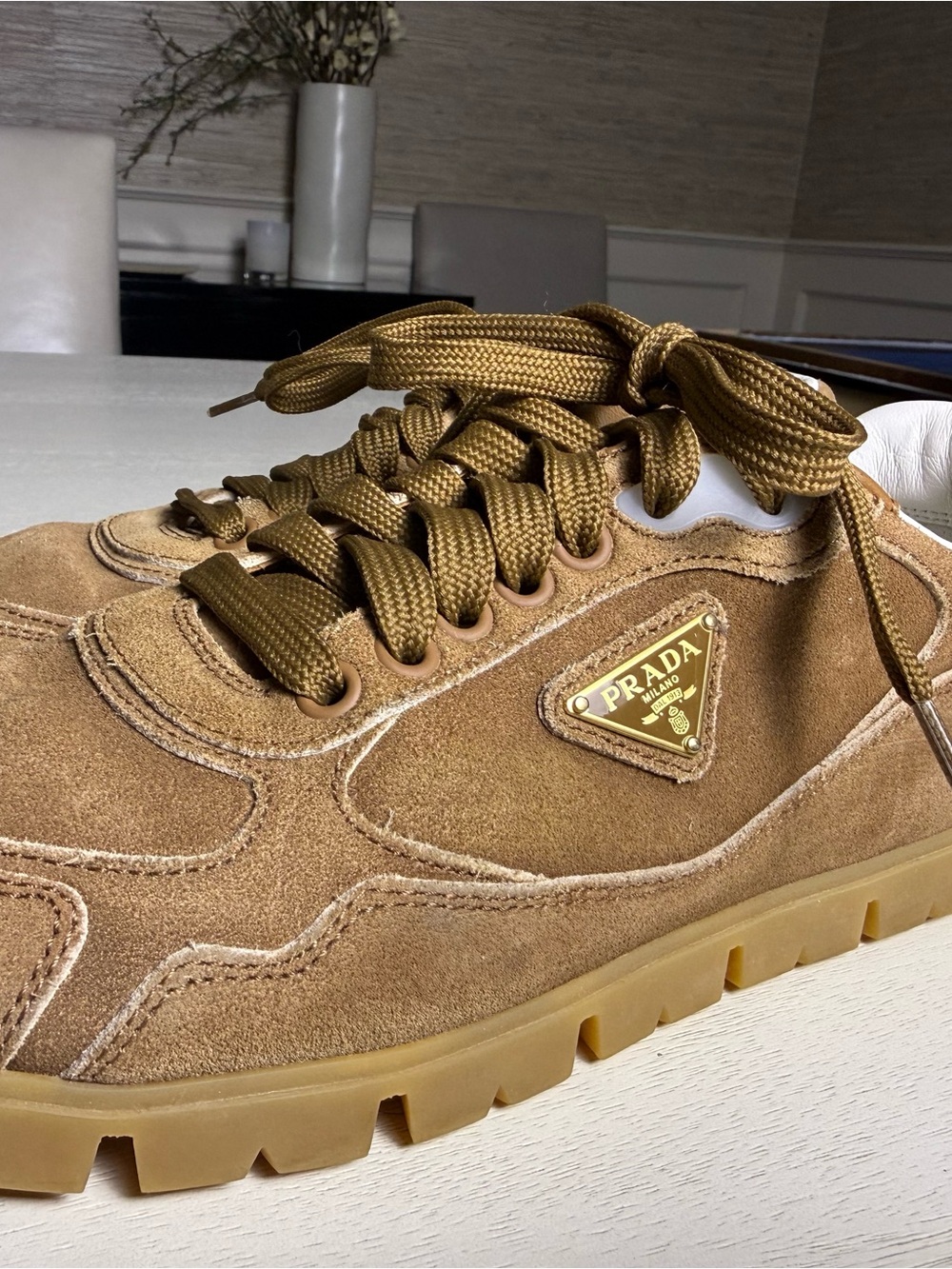 Prada Woman’s Suede Sneakers in Brown with Gold Logo - Picture 2 of 6